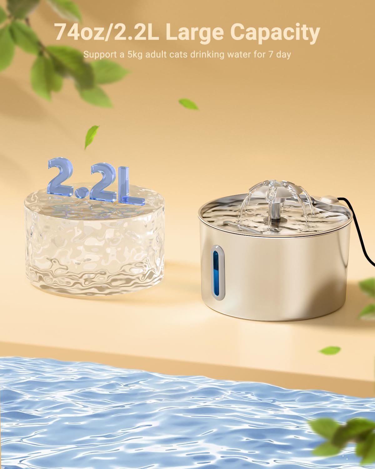 Fontana per gatti in acciaio inossidabile - 2,2 l/74 oz - Regalo per animali domestici - Distributore d'acqua automatico e silenzioso per cani e gatti, per bere in casa - Fontana con beccuccio in metallo per gatti