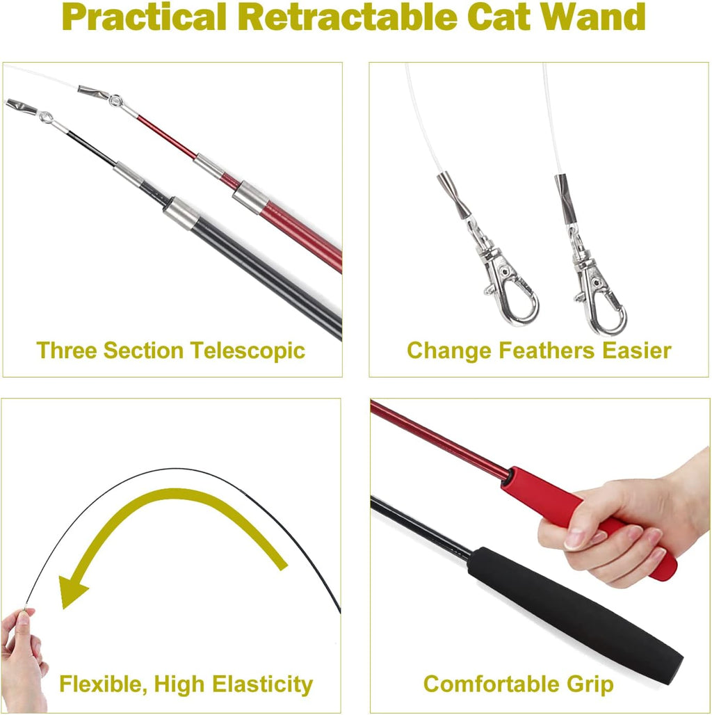 Giocattoli per gatti da interno, giocattolo interattivo per gatti con 2 bacchette retrattili e 9 ricariche di piume per gatti, divertente giocattolo per gattini con canna da pesca.