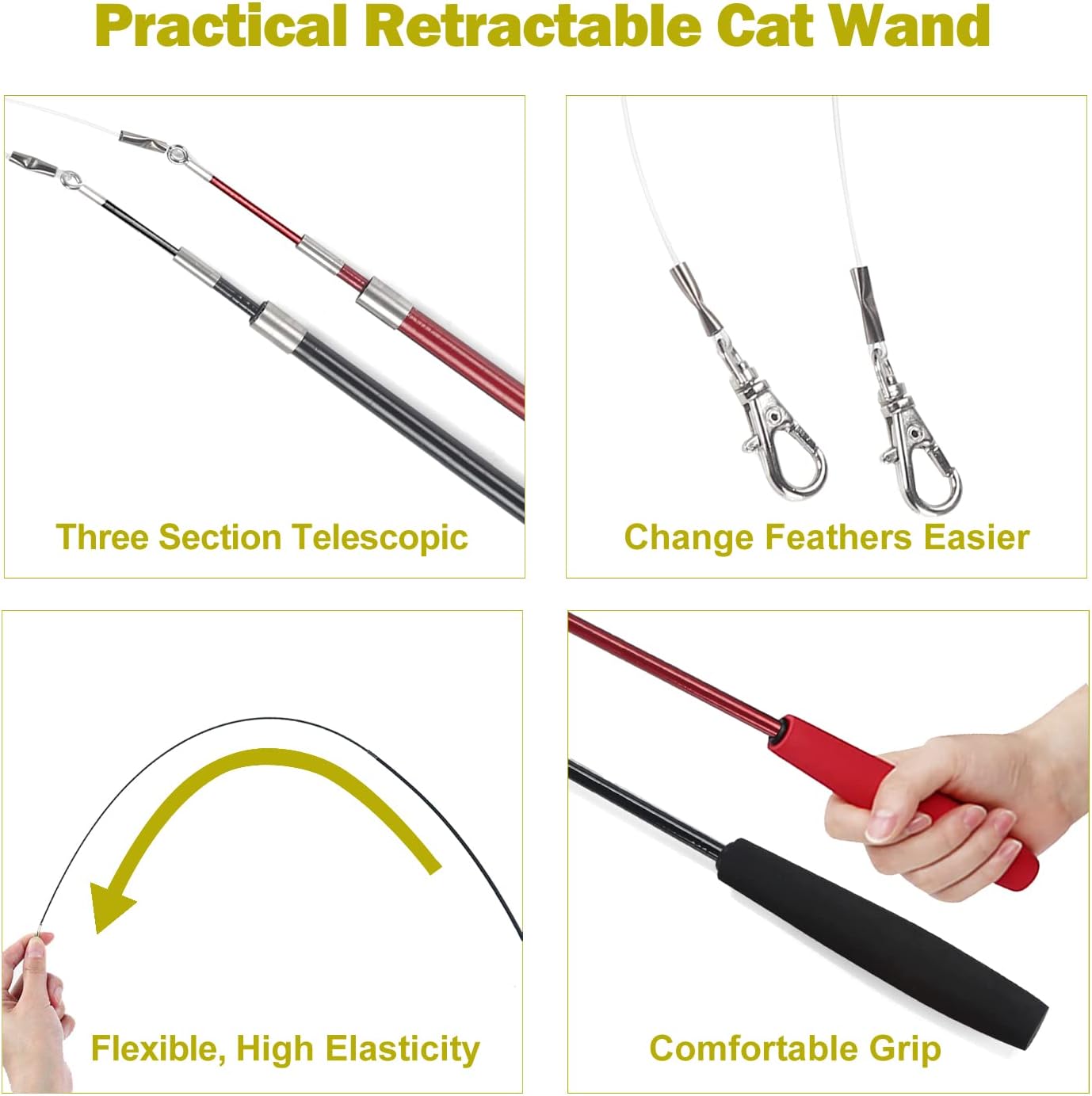 Giocattoli per gatti da interno, giocattolo interattivo per gatti con 2 bacchette retrattili e 9 ricariche di piume per gatti, divertente giocattolo per gattini con canna da pesca.