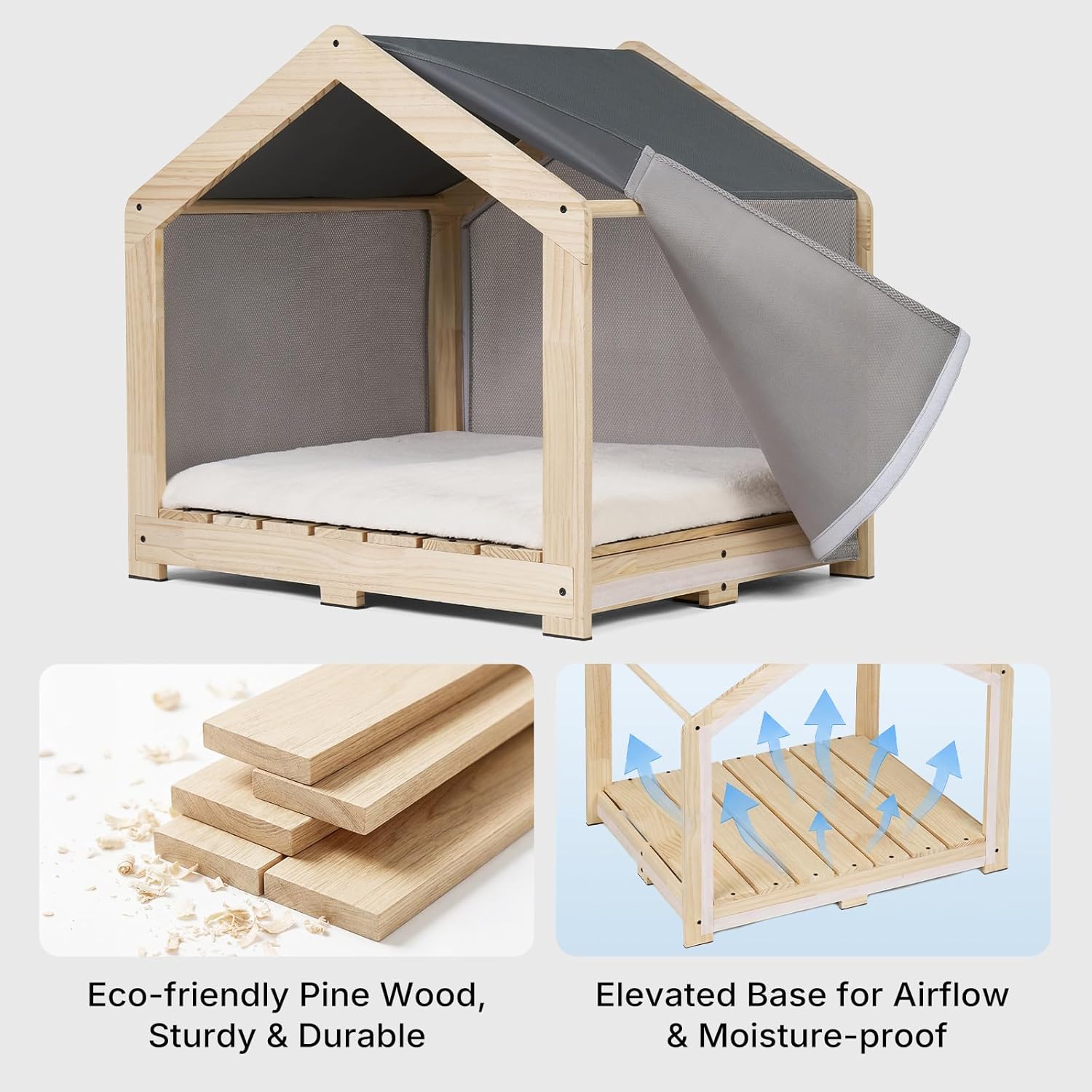 Cuccia per cani da interno, in legno massello con rivestimento lavabile e rimovibile, accogliente e traspirante, ideale per cani di piccola e media taglia fino a 32 kg.