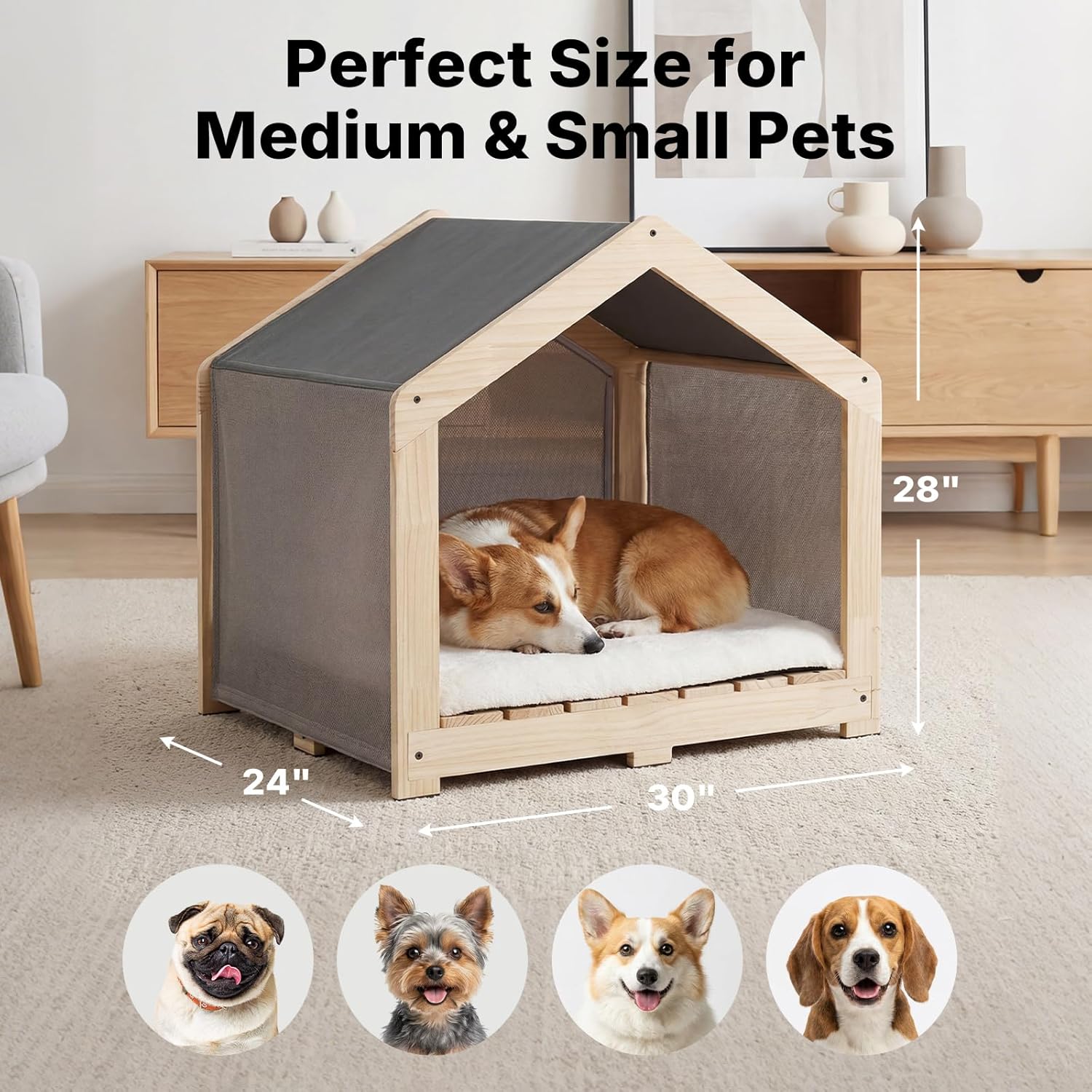 Cuccia per cani da interno, in legno massello con rivestimento lavabile e rimovibile, accogliente e traspirante, ideale per cani di piccola e media taglia fino a 32 kg.