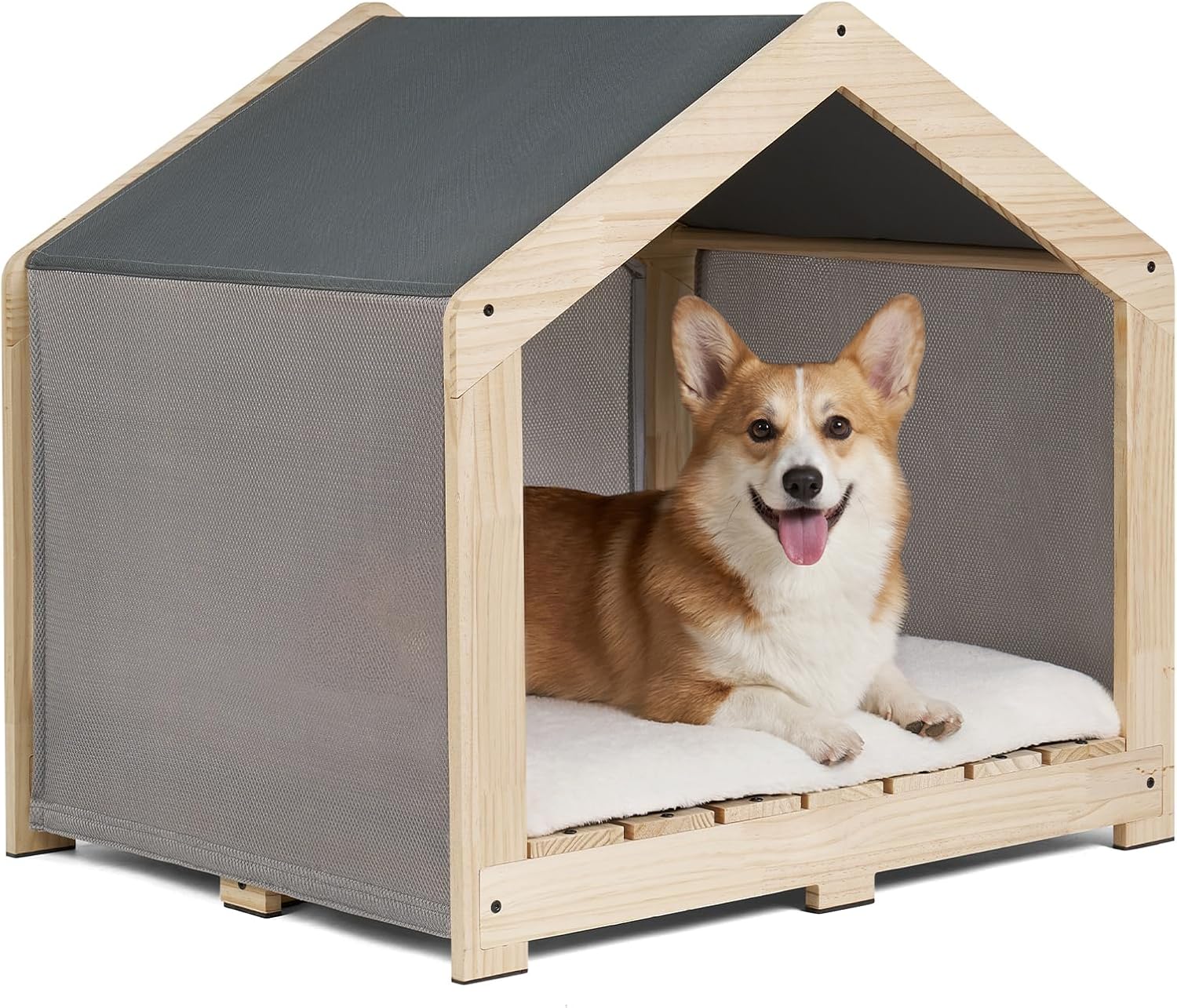 Cuccia per cani da interno, in legno massello con rivestimento lavabile e rimovibile, accogliente e traspirante, ideale per cani di piccola e media taglia fino a 32 kg.