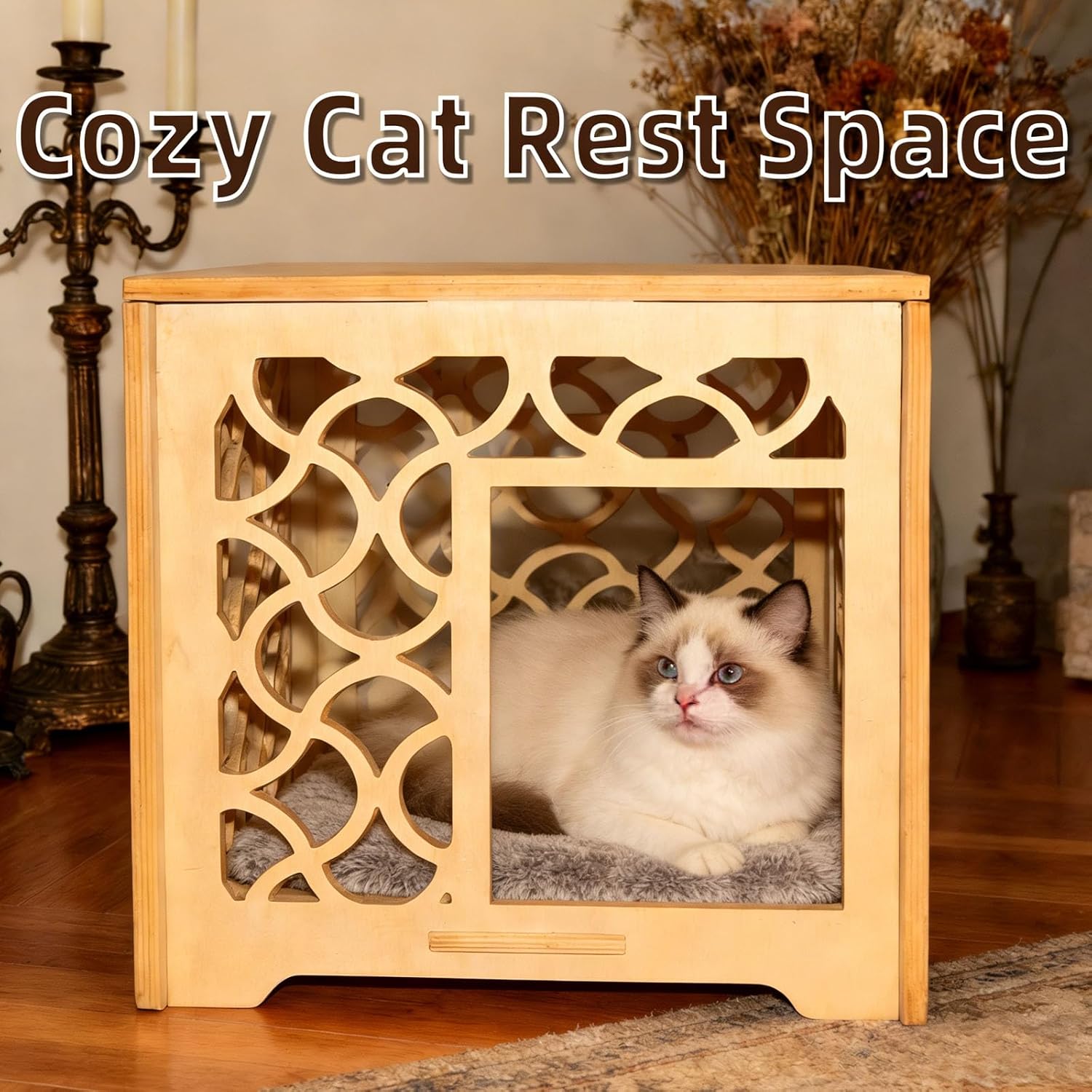 Cuccia per gatti vintage a forma di cubo cavo intagliato, rifugio per gatti da interno in legno massello fatto a mano, colore legno naturale, facile da montare e mantenere, decorazione elegante per piccoli