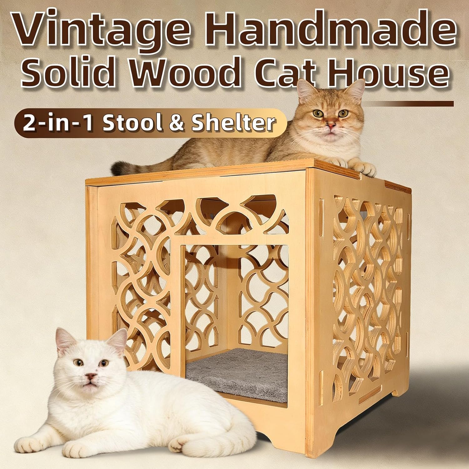 Cuccia per gatti vintage a forma di cubo cavo intagliato, rifugio per gatti da interno in legno massello fatto a mano, colore legno naturale, facile da montare e mantenere, decorazione elegante per piccoli