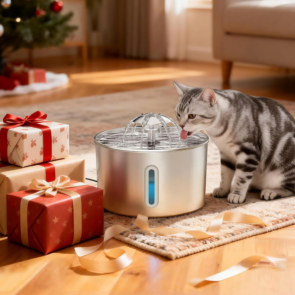 Fontana per gatti in acciaio inossidabile - 2,2 l/74 oz - Regalo per animali domestici - Distributore d'acqua automatico e silenzioso per cani e gatti, per bere in casa - Fontana con beccuccio in metallo per gatti