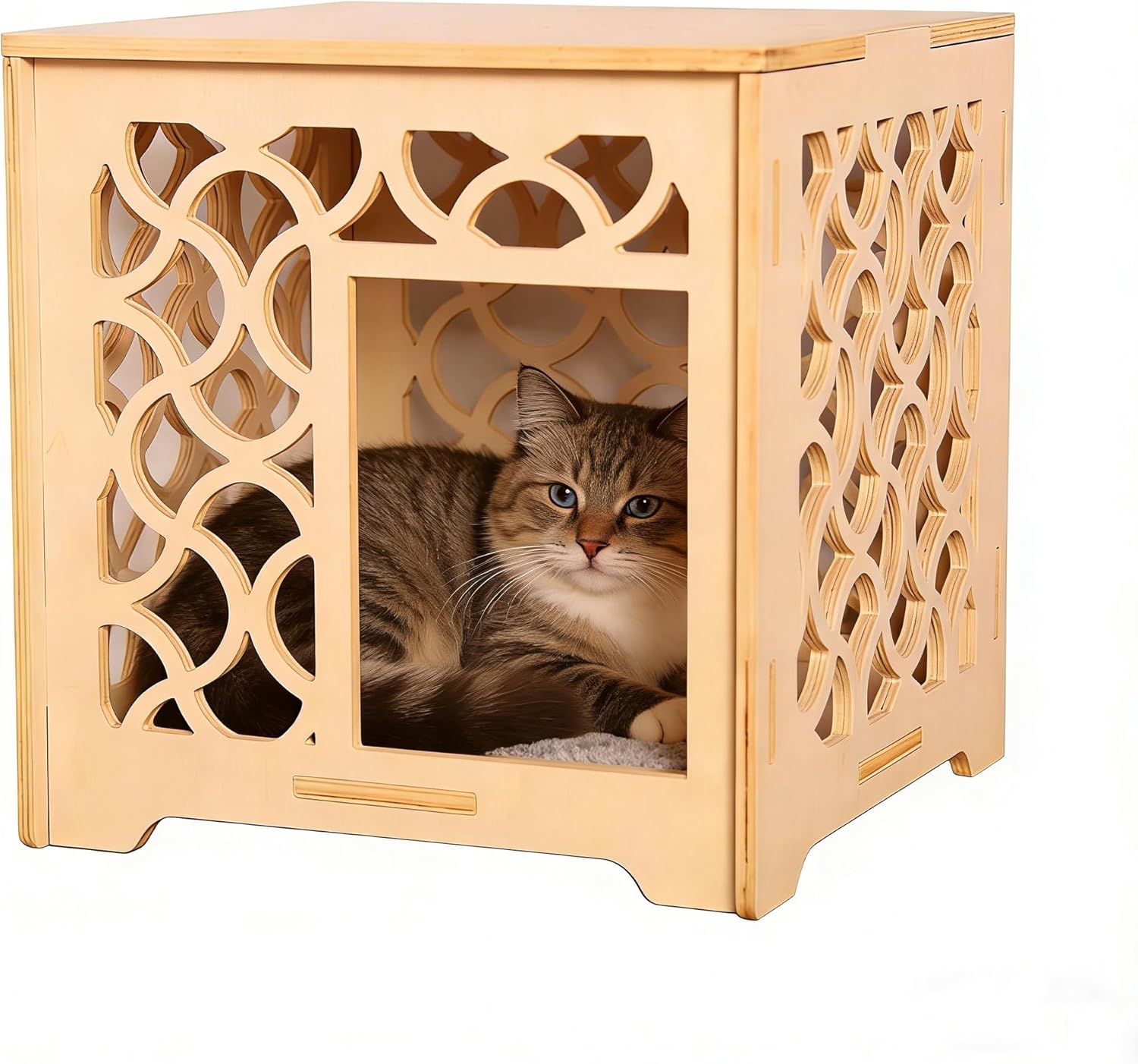 Cuccia per gatti vintage a forma di cubo cavo intagliato, rifugio per gatti da interno in legno massello fatto a mano, colore legno naturale, facile da montare e mantenere, decorazione elegante per piccoli