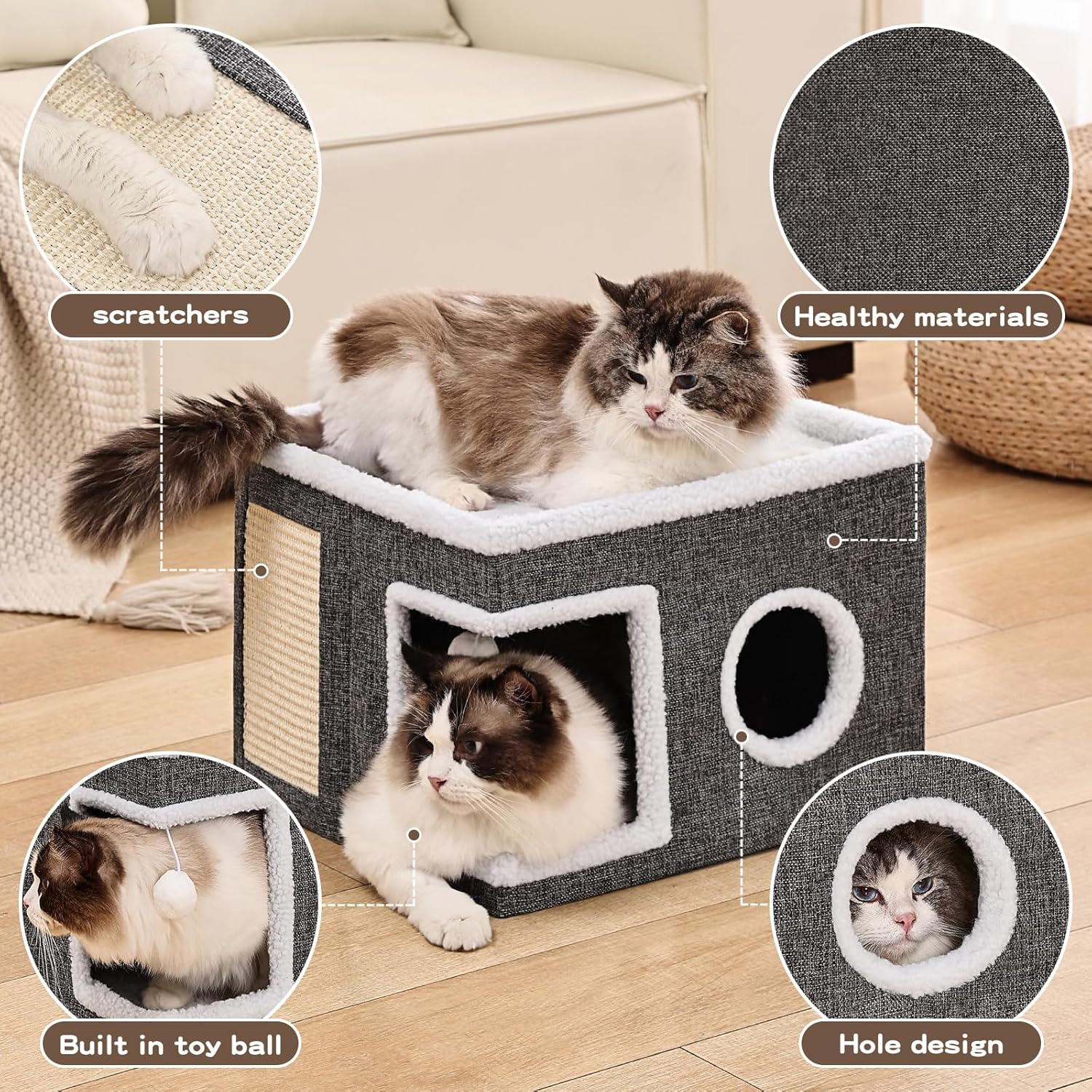 Cuccia per gatti da interno, grande grotta per gatti con palla soffice e tiragraffi, casetta tiragraffi pieghevole con rifugio per gattini, 40x40x33 cm, grigio