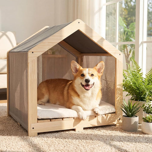 Cuccia per cani da interno, in legno massello con rivestimento lavabile e rimovibile, accogliente e traspirante, ideale per cani di piccola e media taglia fino a 32 kg.
