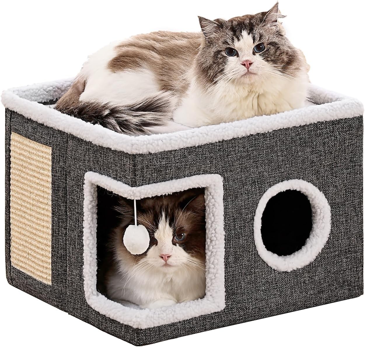 Cuccia per gatti da interno, grande grotta per gatti con palla soffice e tiragraffi, casetta tiragraffi pieghevole con rifugio per gattini, 40x40x33 cm, grigio