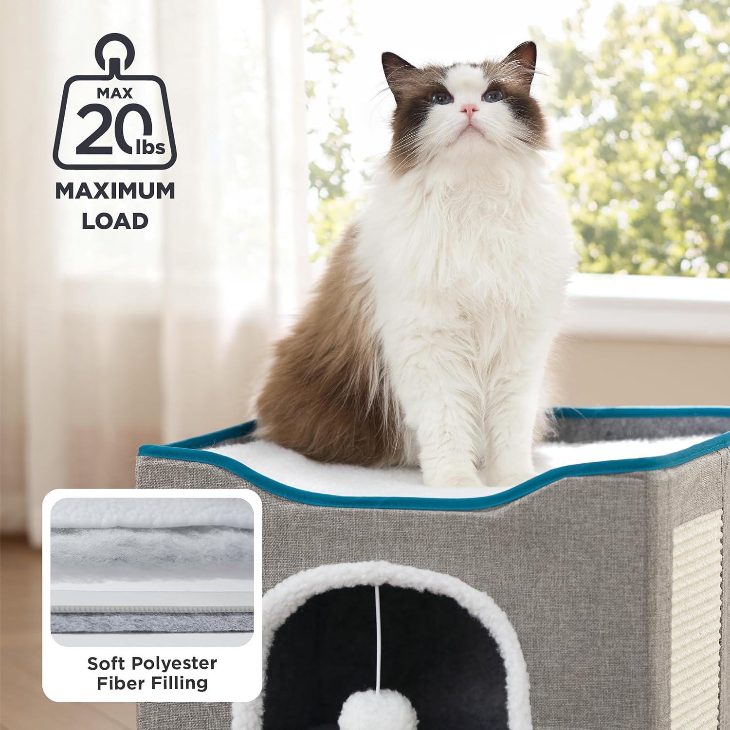 Cuccia per gatti da interno - Grande cuccia per gatti con pallina soffice appesa e tiragraffi, rifugio pieghevole per gatti, 42x42x33 cm, grigio