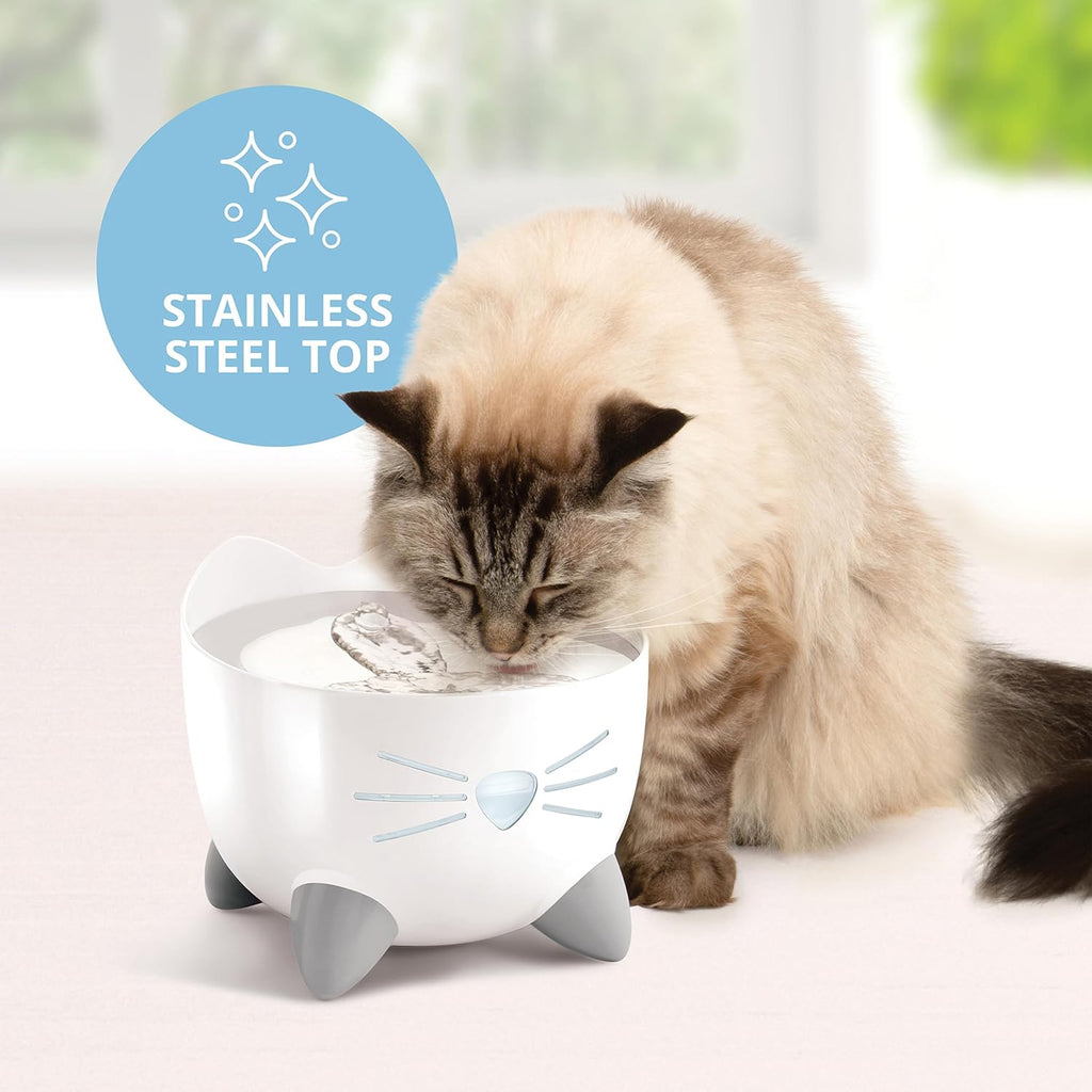Fontanella per gatti con triplo filtro e opzioni di abbeveraggio ergonomiche, bianca.