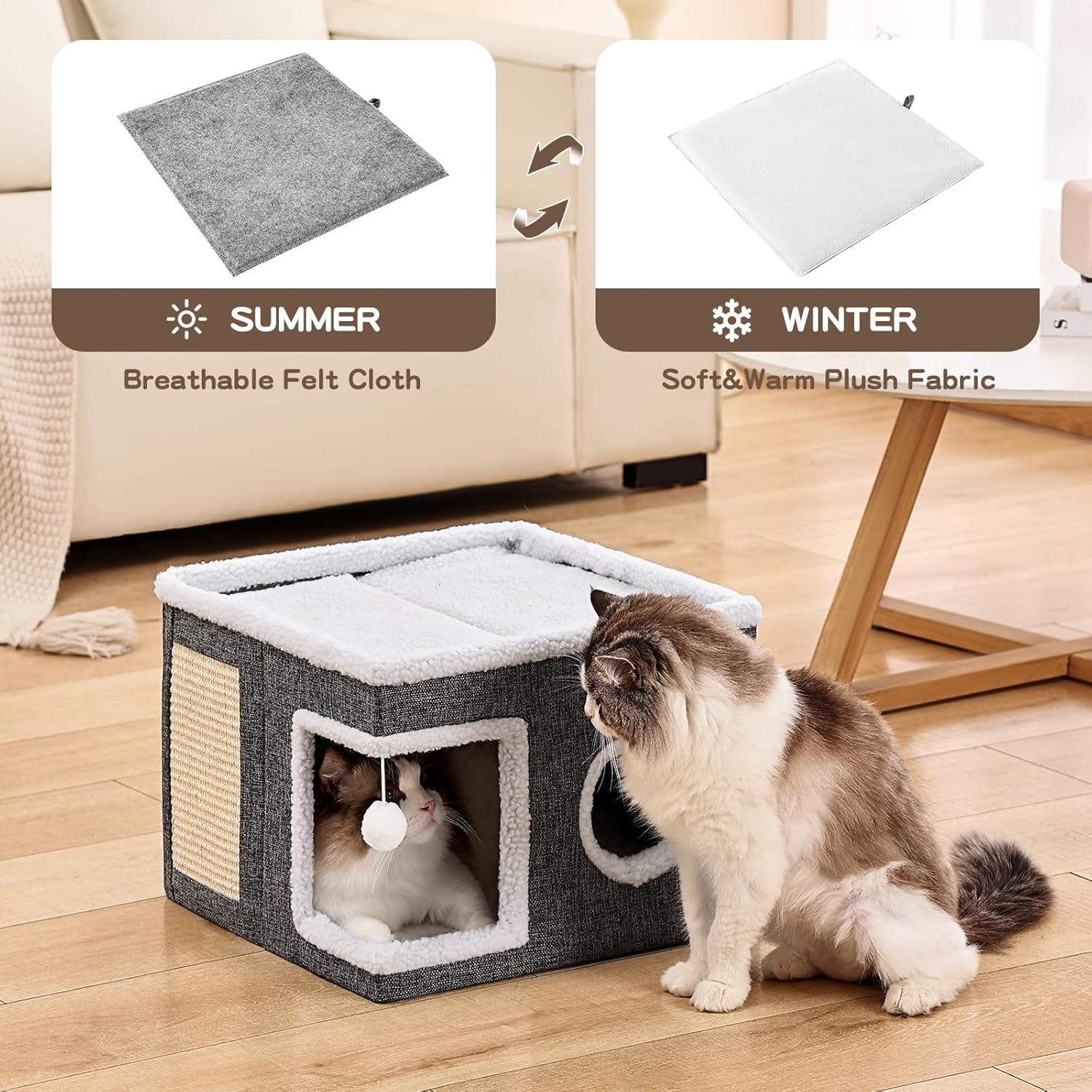 Cuccia per gatti da interno, grande grotta per gatti con palla soffice e tiragraffi, casetta tiragraffi pieghevole con rifugio per gattini, 40x40x33 cm, grigio