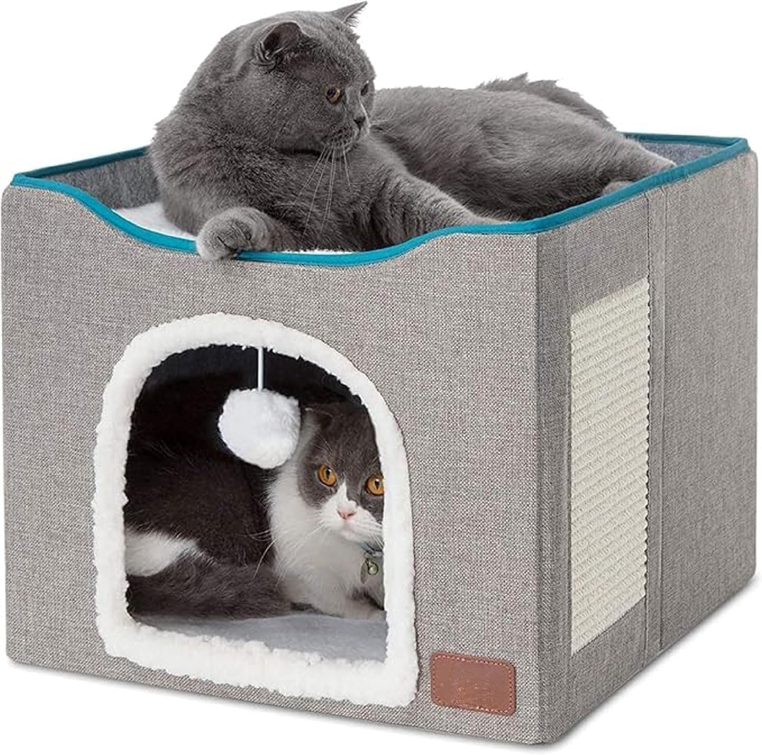 Cuccia per gatti da interno - Grande cuccia per gatti con pallina soffice appesa e tiragraffi, rifugio pieghevole per gatti, 42x42x33 cm, grigio