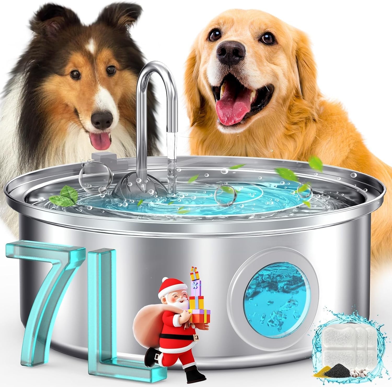 Fontana per cani, 7 litri/230 oz/1,8 g, silenziosa, con ciotola in acciaio inossidabile, indicatore visivo del livello dell'acqua e triplo sistema di filtraggio.