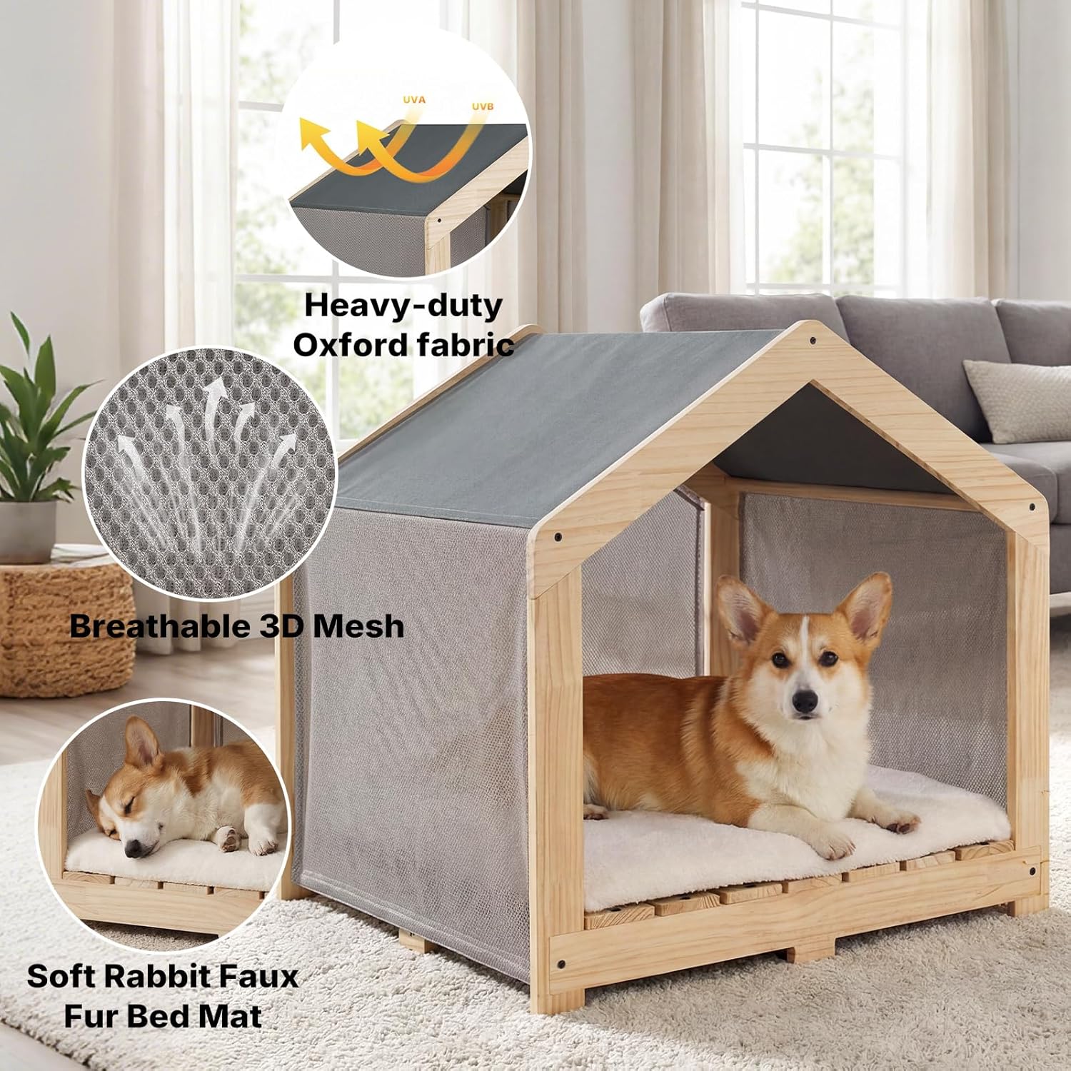 Cuccia per cani da interno, in legno massello con rivestimento lavabile e rimovibile, accogliente e traspirante, ideale per cani di piccola e media taglia fino a 32 kg.