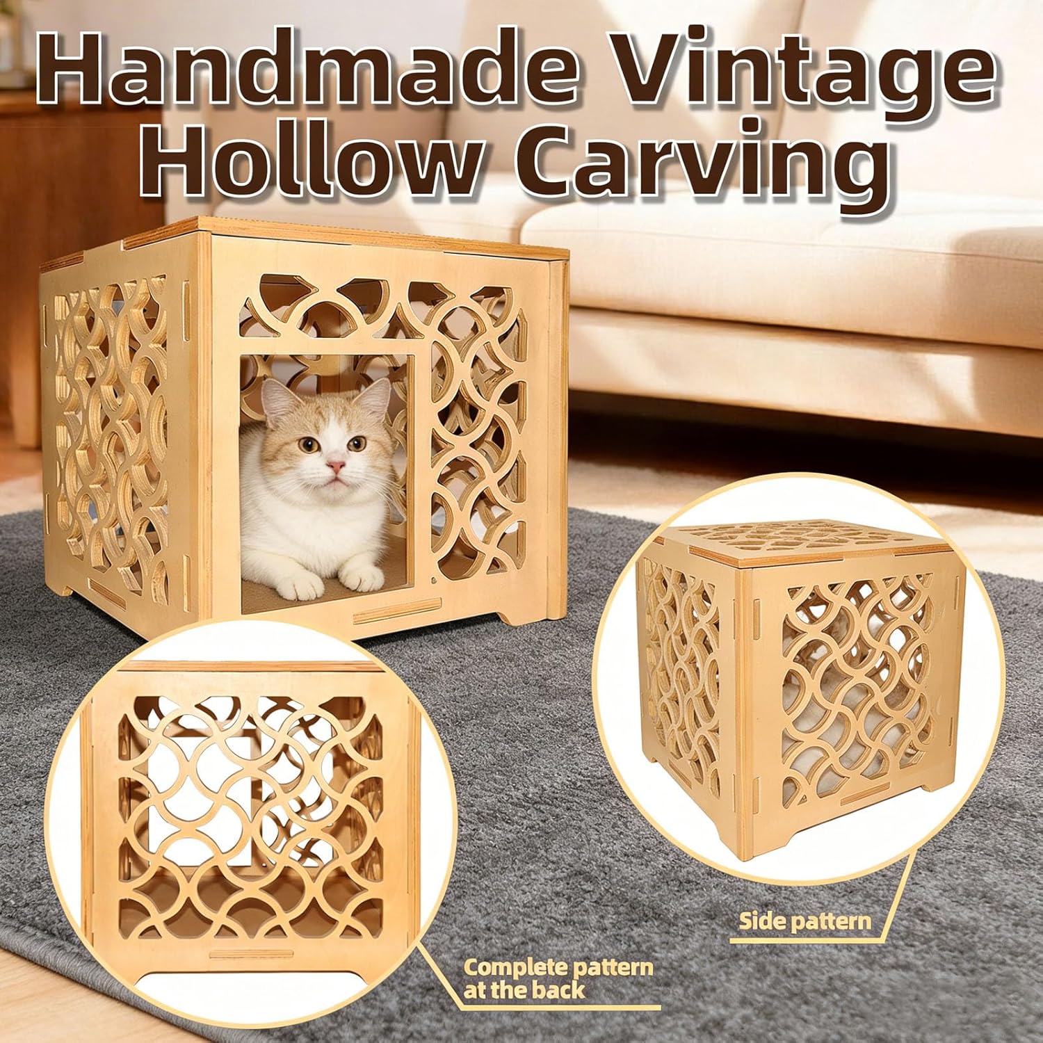 Cuccia per gatti vintage a forma di cubo cavo intagliato, rifugio per gatti da interno in legno massello fatto a mano, colore legno naturale, facile da montare e mantenere, decorazione elegante per piccoli