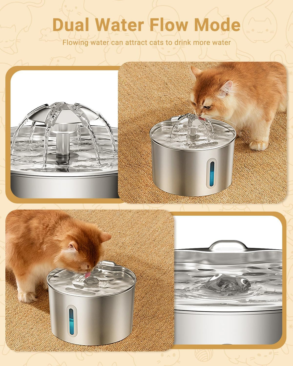 Fontana per gatti in acciaio inossidabile - 2,2 l/74 oz - Regalo per animali domestici - Distributore d'acqua automatico e silenzioso per cani e gatti, per bere in casa - Fontana con beccuccio in metallo per gatti
