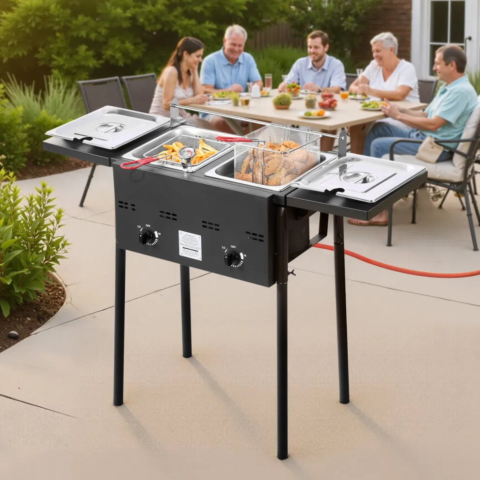 ⚡️Factory wholesale promotion 80% OFF⚡️ Outdoor Propane Deep Fryer, Dual-Tank 8QTx2 Commercial Fryer, Stainless Steel Cooker with Foldable Platform